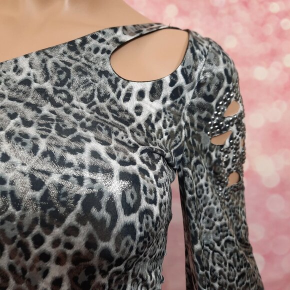 Y2K Silver Leopard Print One Shoulder Cut Out Bodycon Mini Dress Size S Studded - Picture 3 of 11